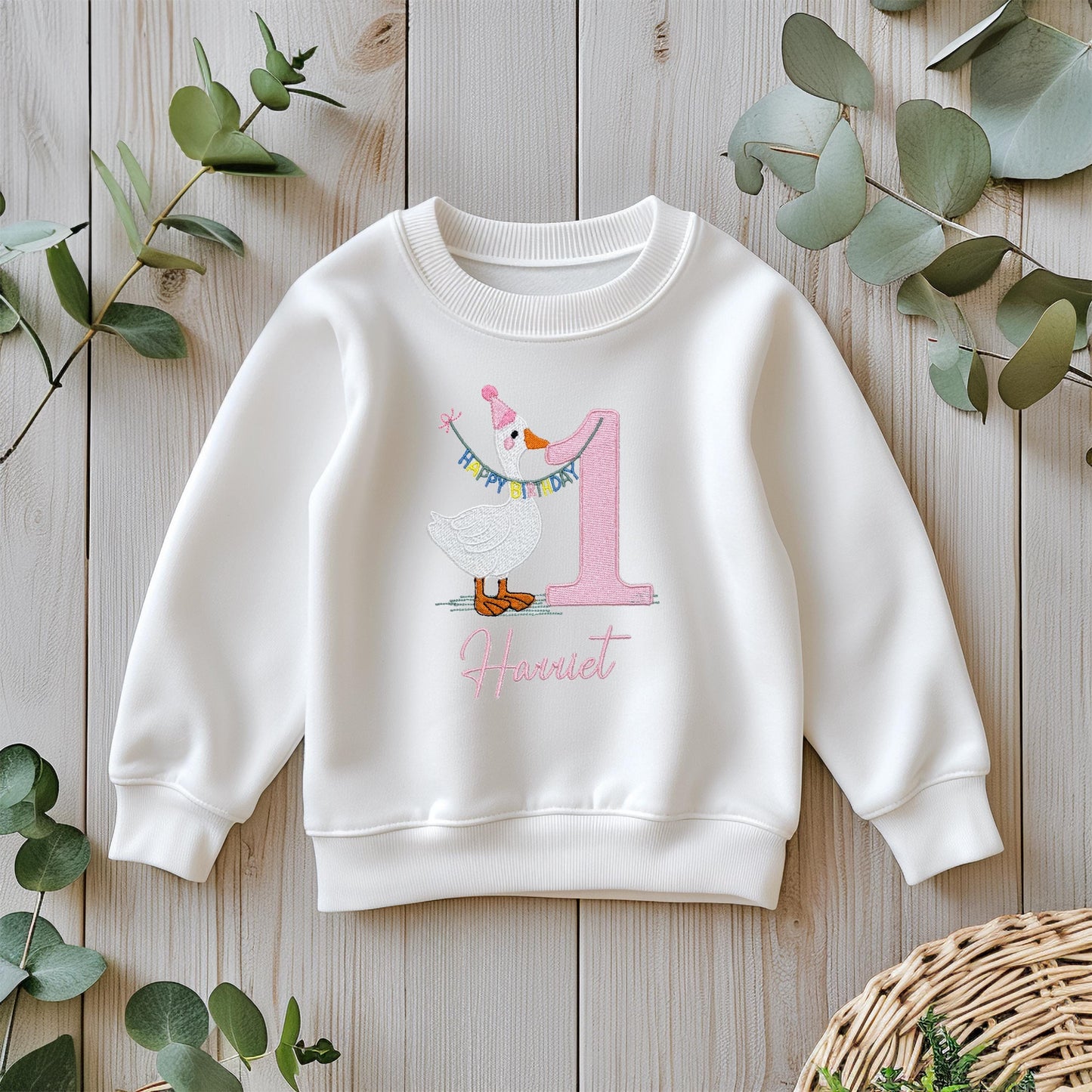 Personalised Goose 1st Birthday Sweatshirt | Embroidered Birthday Jumper | Custom Name Birthday Outfit | First Birthday Gift
