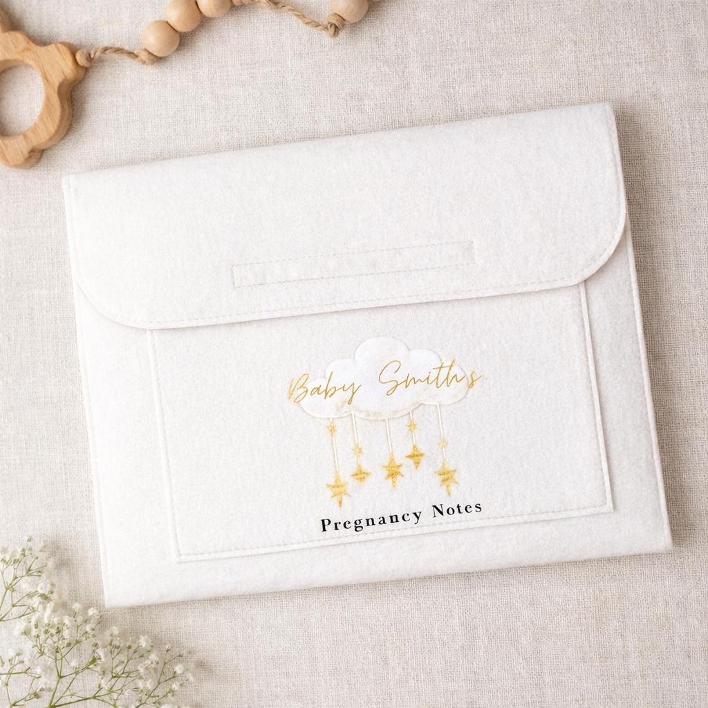 Personalised pregnancy notes felt wallet clouds and stars