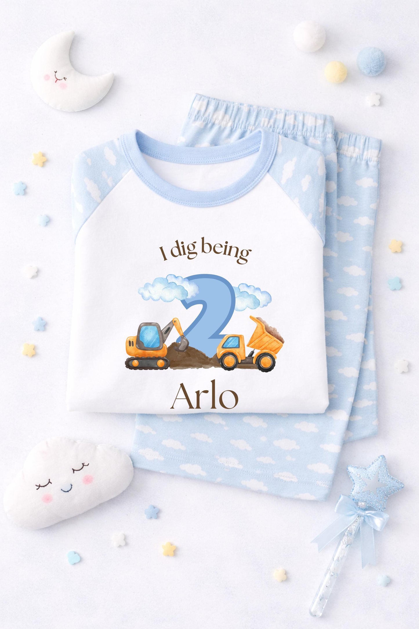Personalised Children's Digger Blue Cloud Pyjamas – Birthday Jammies, 'When I Wake Up I Will Be One/Two/Three'