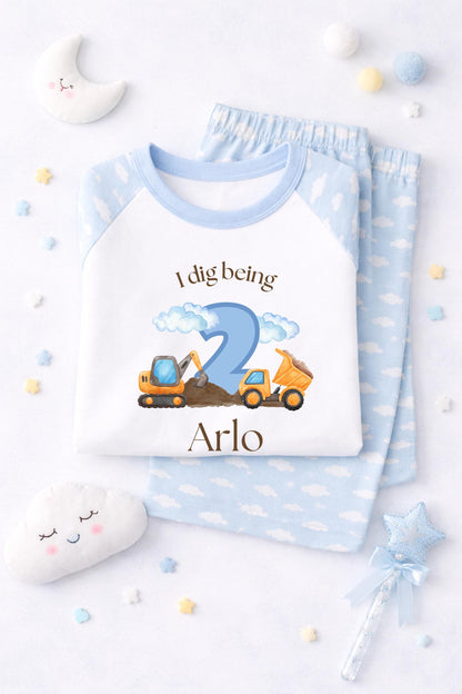 Personalised Children's Digger Blue Cloud Pyjamas – Birthday Jammies, 'When I Wake Up I Will Be One/Two/Three'