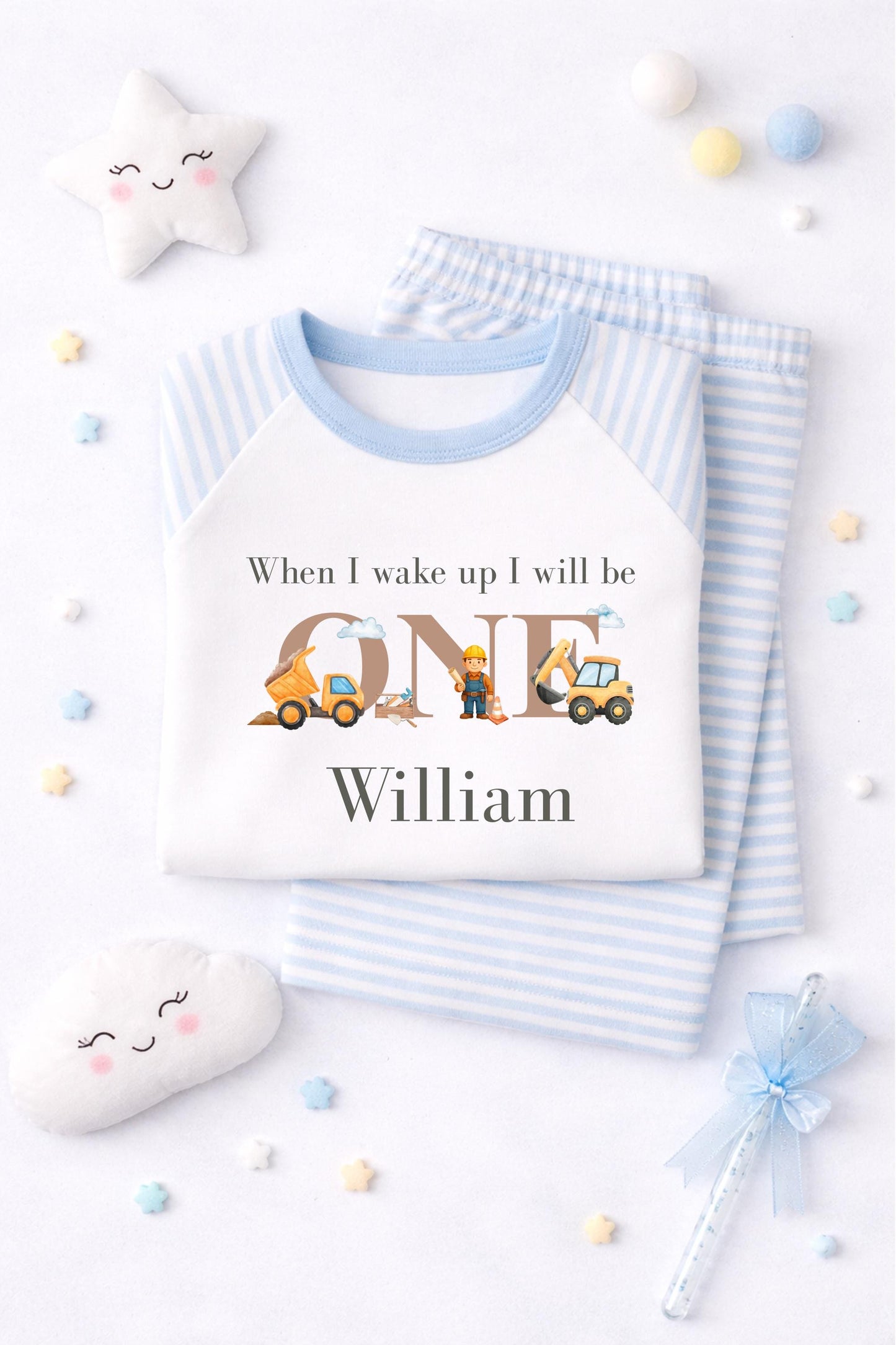 Personalised Digger Pyjamas – Blue Cloud Birthday Jammies (Age 1-3)