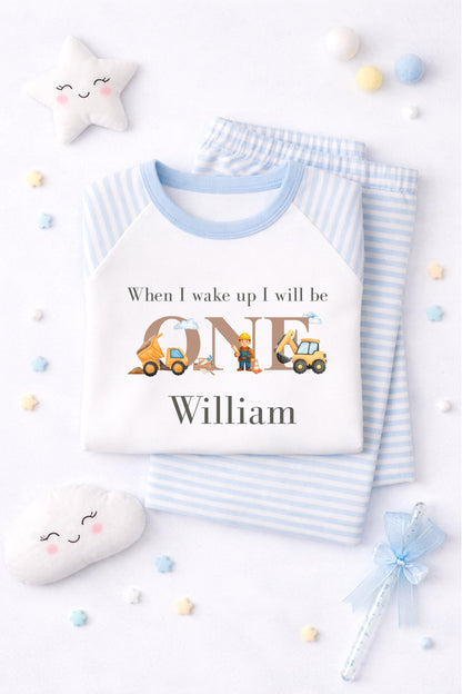 Personalised Digger Pyjamas – Blue Cloud Birthday Jammies (Age 1-3)