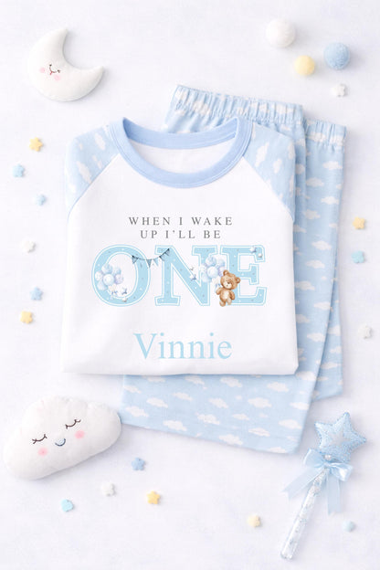 1st Birthday Teddy Bear Pyjamas/ Pink Cloud PJs/When I Wake Up I Will Be One/Toddler Birthday Outfit/ Bear Theme Sleepwear