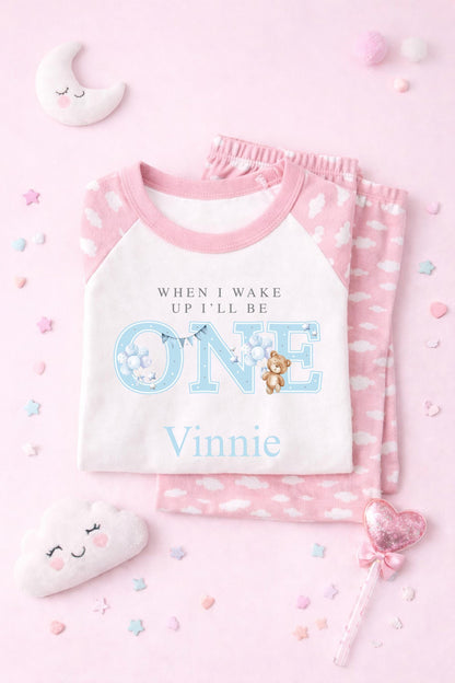 1st Birthday Teddy Bear Pyjamas/ Pink Cloud PJs/When I Wake Up I Will Be One/Toddler Birthday Outfit/ Bear Theme Sleepwear