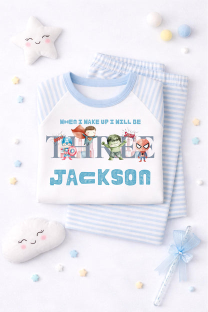 Personalised When I wake up I will be one two three superhero pyjamas