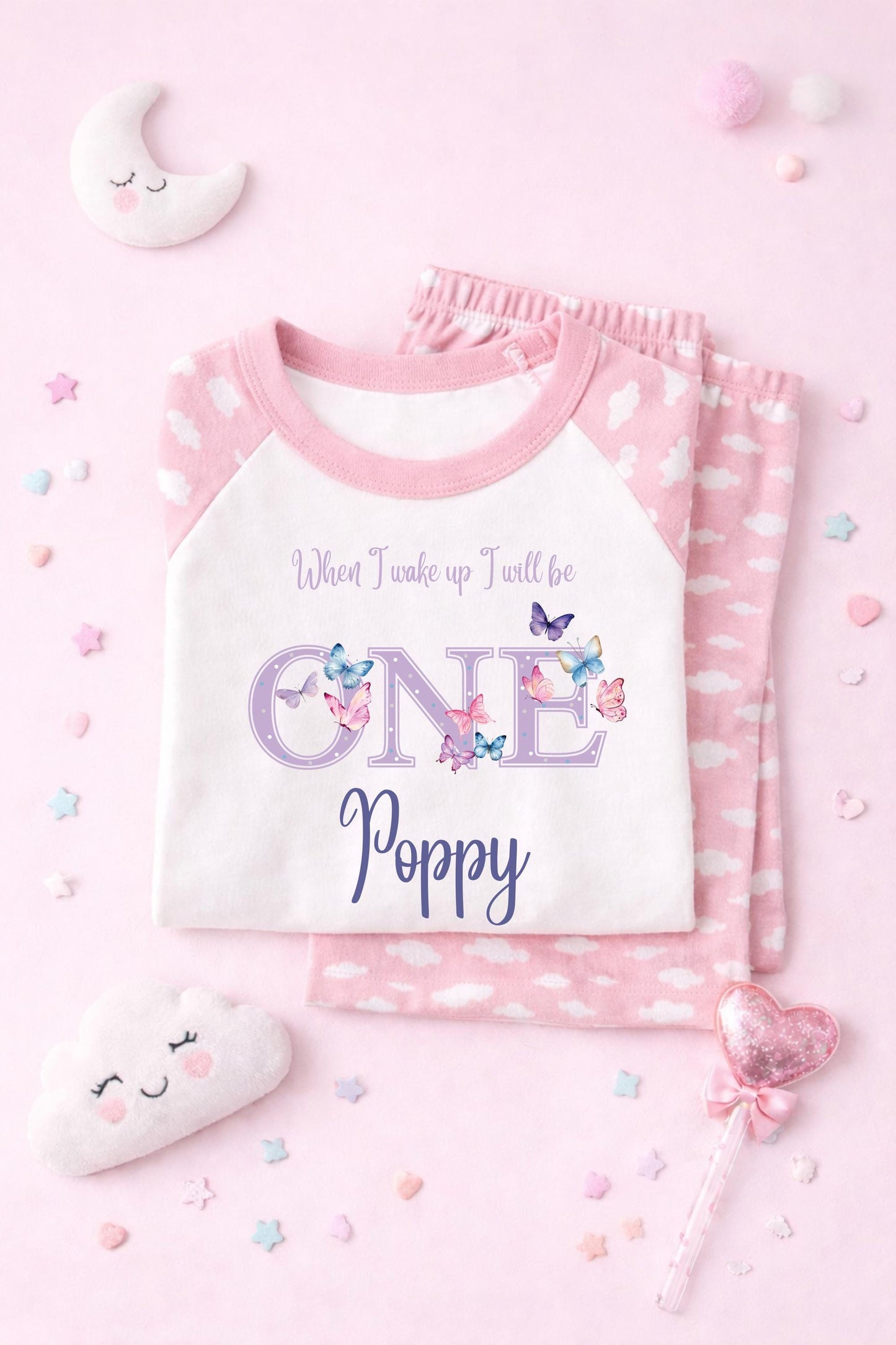 When I wake up I will be one,two,three,four,five, butterfly pjs