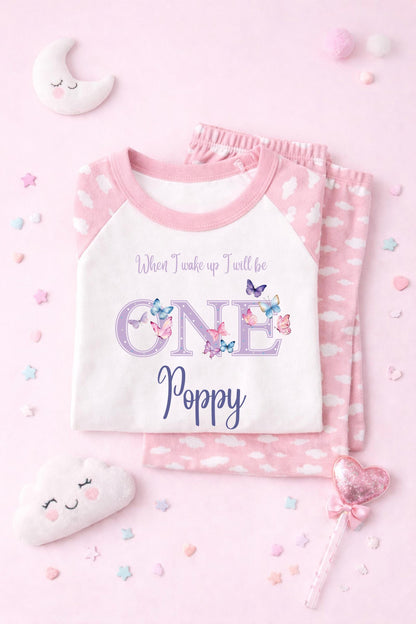 When I wake up I will be one,two,three,four,five, butterfly pjs