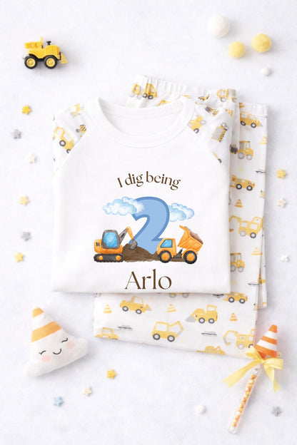 Personalised Children's Digger Blue Cloud Pyjamas – Birthday Jammies, 'When I Wake Up I Will Be One/Two/Three'