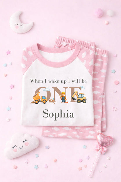 Personalised Digger Pyjamas – Blue Cloud Birthday Jammies (Age 1-3)