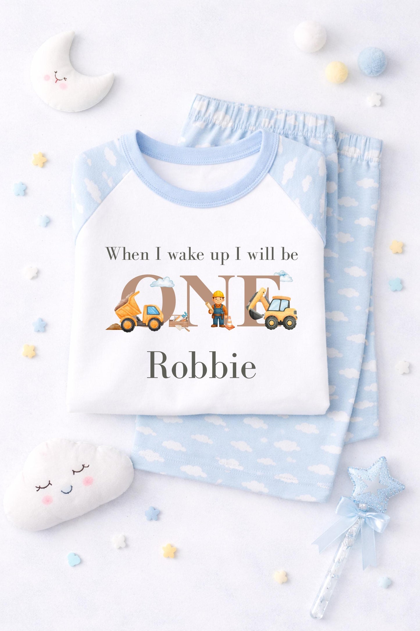 Personalised Digger Pyjamas – Blue Cloud Birthday Jammies (Age 1-3)