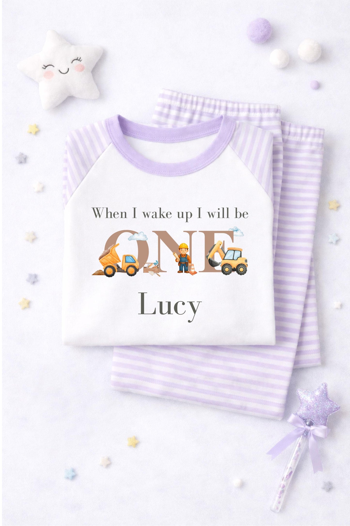 Personalised Digger Pyjamas – Blue Cloud Birthday Jammies (Age 1-3)