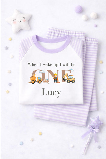 Personalised Digger Pyjamas – Blue Cloud Birthday Jammies (Age 1-3)