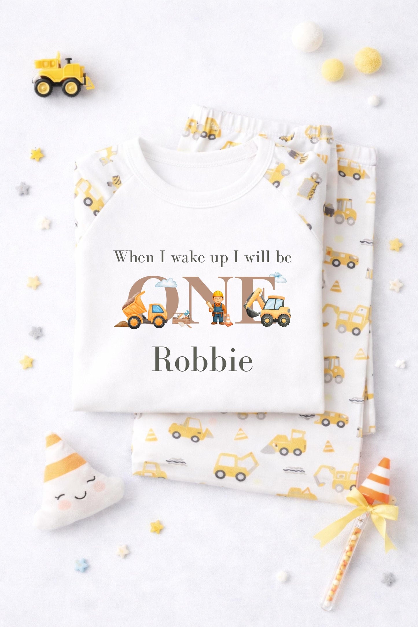 Personalised Digger Pyjamas – Blue Cloud Birthday Jammies (Age 1-3)