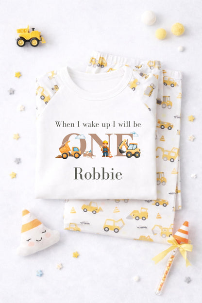 Personalised Digger Pyjamas – Blue Cloud Birthday Jammies (Age 1-3)