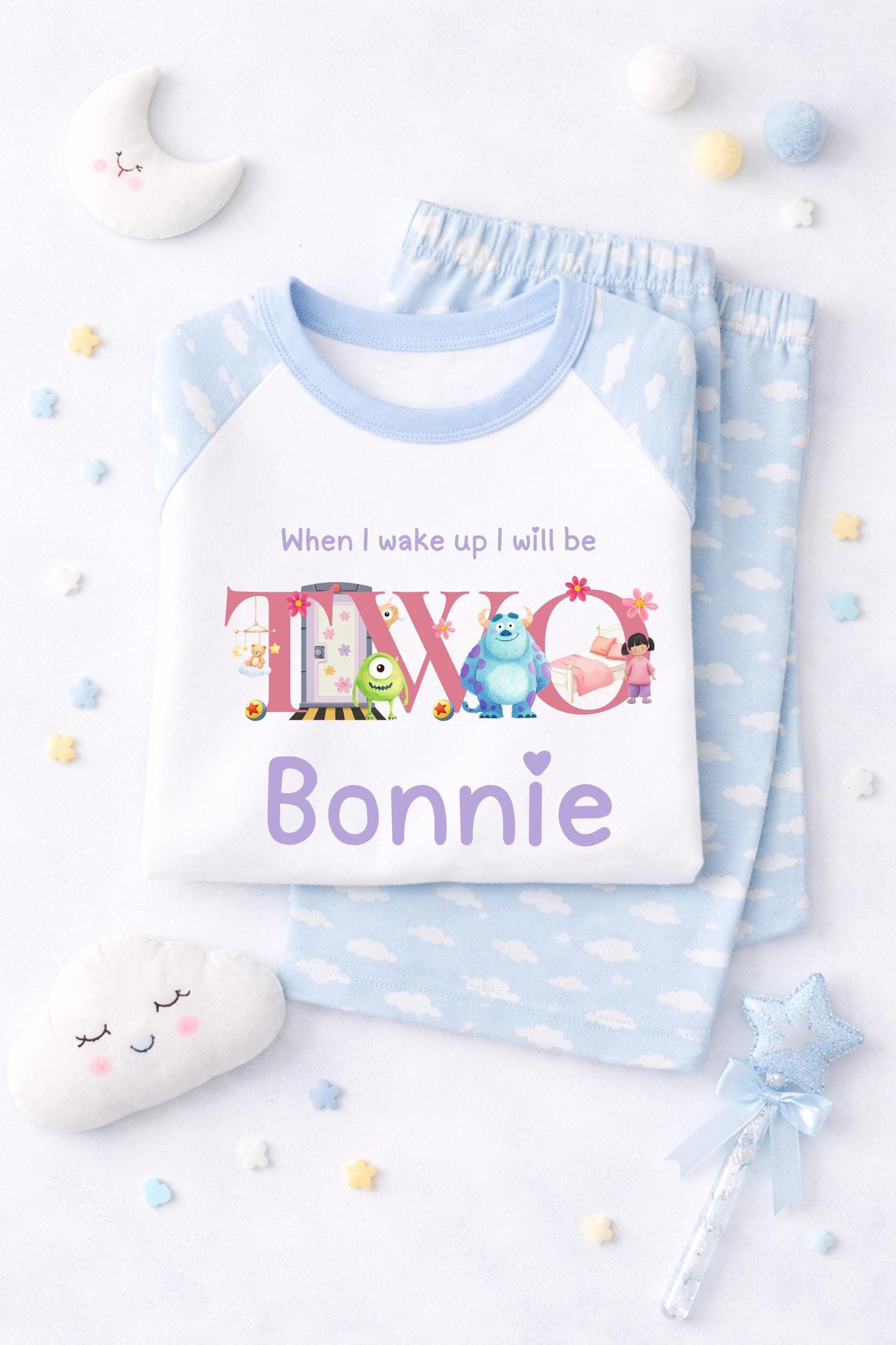 When I wake up I’ll be one,two,three,four,five, monster, boo pjs, mike and sully