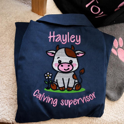 Personalised kids cow calving supervisor overalls, childrens navy embroidered boilersuit, kids sizes aged 1-12 years
