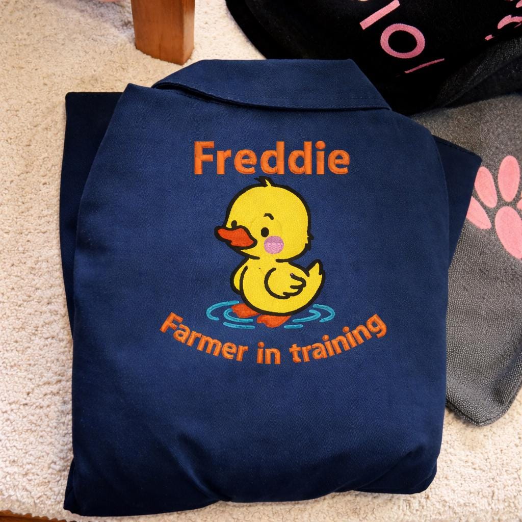 Personalised kids duck overalls, childrens navy embroidered boilersuit, kids sizes aged 1-12 years