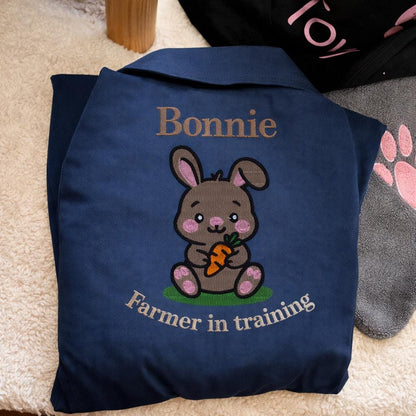 Personalised kids bunny overalls, childrens navy embroidered boilersuit, kids sizes aged 1-12 years