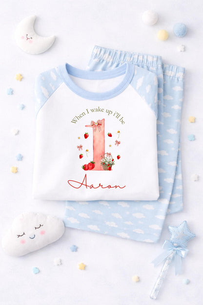 Personalised strawberry Birthday Pyjamas, Pink Cloud Sleepwear, Berry first birthday, when I wake up I will be one, two, three