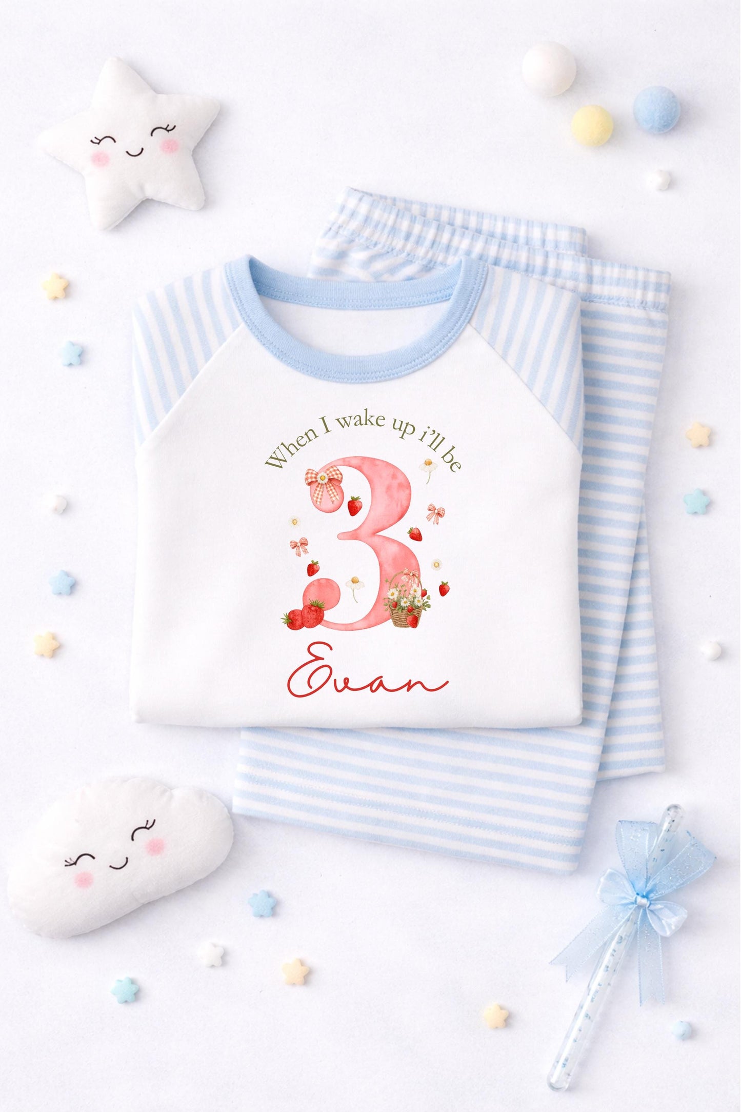 Personalised strawberry Birthday Pyjamas, Pink Cloud Sleepwear, Berry first birthday, when I wake up I will be one, two, three