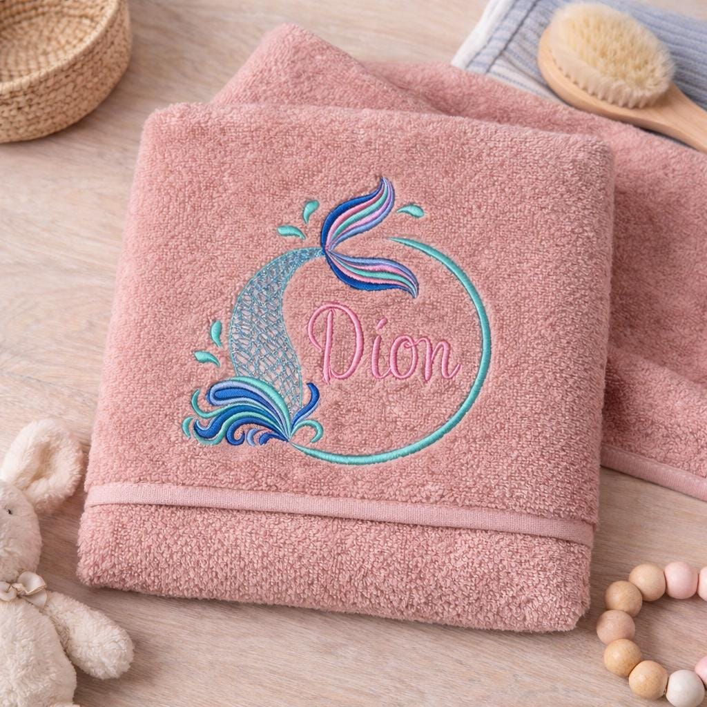 Personalised Kids Mermaid Towel | Ocean Theme Cotton Towel | Embroidered Swimming Lesson Towel