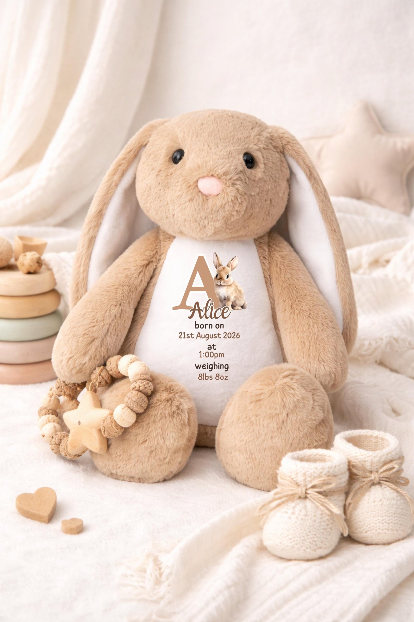 Personalised Birth Bunny Teddy | Custom Name Birth Stats | Baby Shower Gift | Newborn Memory Plush Keepsake