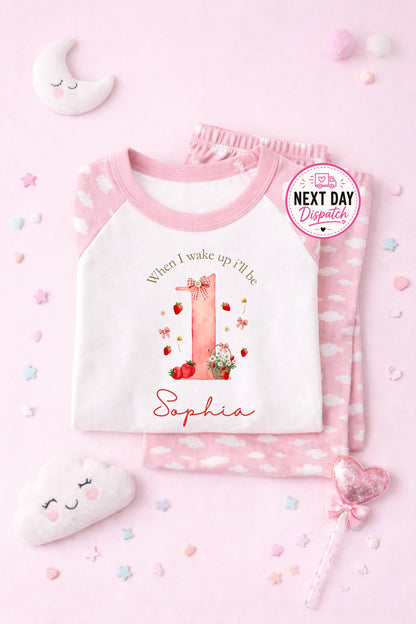 Personalised strawberry Birthday Pyjamas, Pink Cloud Sleepwear, Berry first birthday, when I wake up I will be one, two, three