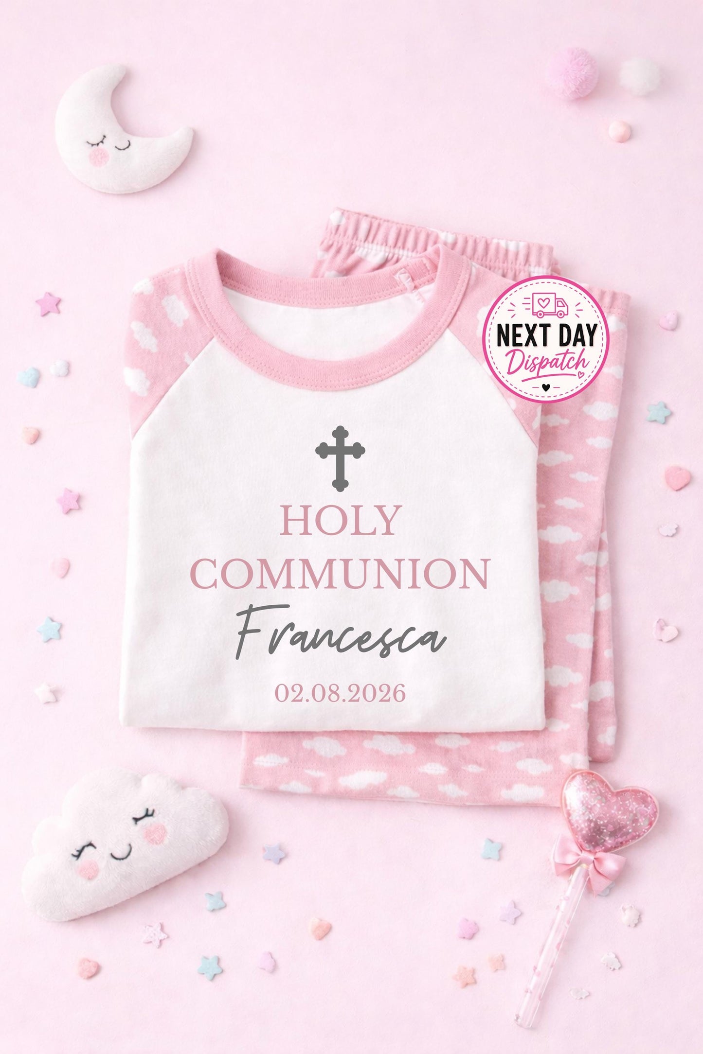 Personalised Holy Communion pyjamas, pink, blue