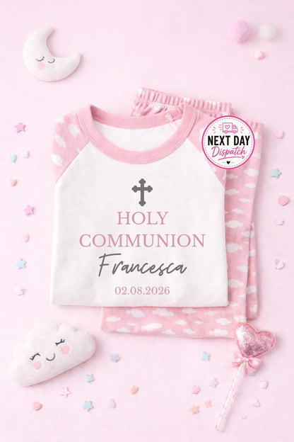 Personalised Holy Communion pyjamas, pink, blue