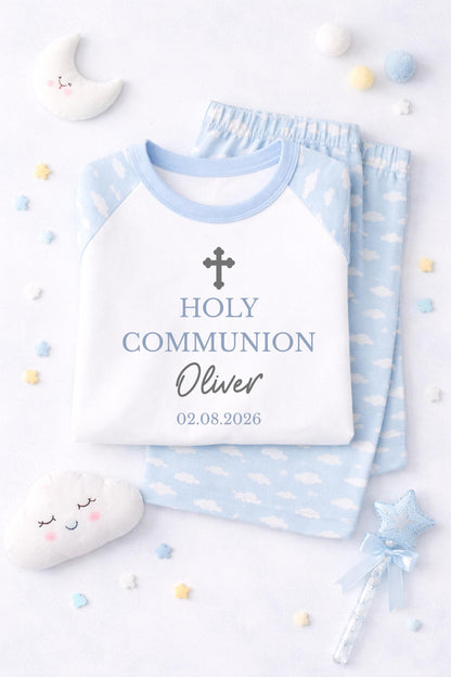 Personalised Holy Communion pyjamas, pink, blue