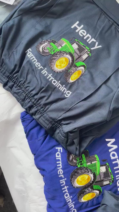 Personalised kids farmer in training tractor overalls, kids navy embroidered boilersuit, kids sizes aged 1-12 years