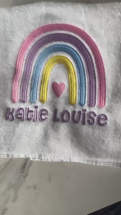 Personalised Kids Swimming Towel | Rainbow Theme Cotton Towel | Embroidered Swimming Lesson Towel