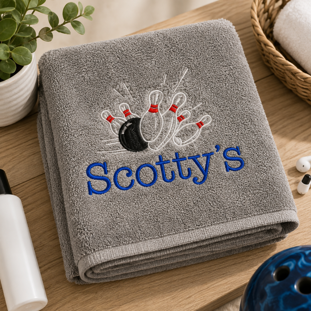 Embroidered Bowling Towel, Personalised Name, Ten Pin Design