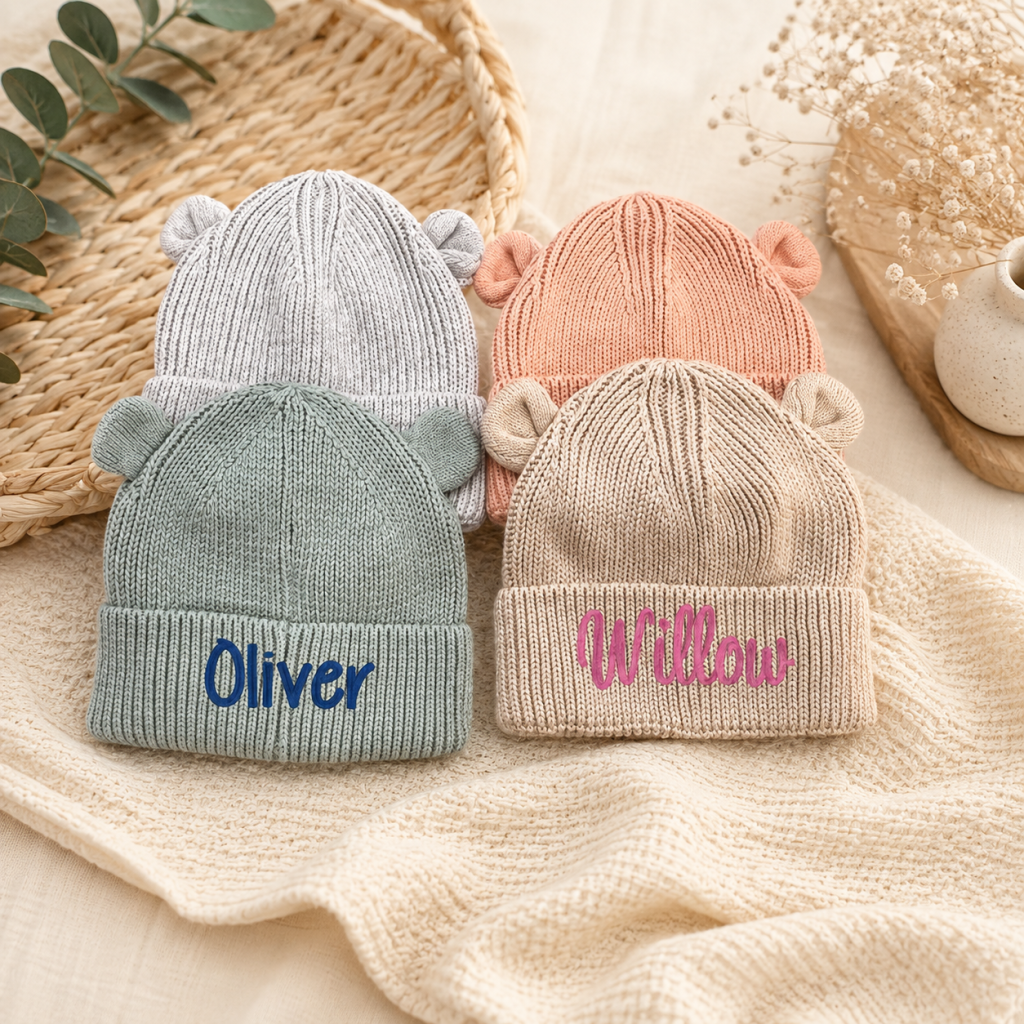 Baby Bear Beanie – Cosy Knit Hat with Ears – Neutral Newborn Gift