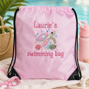 Personalised Kids Swimming Bag – Embroidered Turtle Drawstring Swim Bag